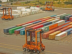 Straddle carriers at the Port of Copenhagen, Denmark.