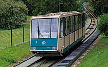 Un funiculaire vert et beige descend une colline verdoyante.