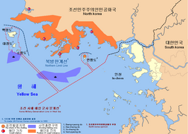 1 = Yeonpyeong; 5 = Seoel; zwart = grens volgens Zuid-Korea; rood = grens volgens Noord-Korea