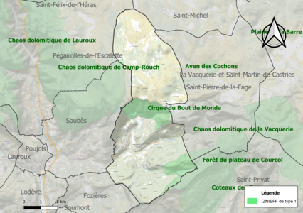 Carte des ZNIEFF de type 1 sur la commune.