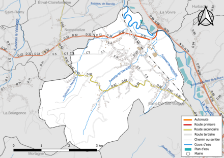 Carte en couleur présentant le réseau hydrographique de la commune