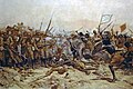 Guerra Mahdista, battaglia di Abu Klea (17 gennaio 1885): 13.000 fuzzy-wuzzies (com’erano soprannominati i sudanesi per le loro acconciature) attaccano la colonna del major-general Herbert Stewart, formata da 1.400 uomini inviati in aiuto di Charles George Gordon assediato a Khartoum. I Britannici hanno formato un quadrato, ma la furia degli assalitori è tale che in breve verrà sfondato. Notare a sinistra la calma di un maturo sergente, armato di un Martini-Henri corto con la sua baionetta-sciabola ricurva, che aziona tranquillamente la leva del fucile sorvegliando ciò che succede di fronte a lui. Nell’aria carica di polvere, i Martini-Henri lunghi (con baionetta dritta) dei soldati rispondono alle lance ed ai pugnali dei guerrieri mahdisti.