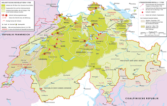 Carte de la Suisse indiquant des offensives militaires avec les noms des villes et des batailles.