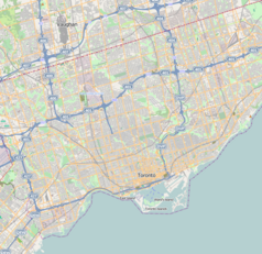 Mapa konturowa Toronto, blisko centrum na dole znajduje się punkt z opisem „Królewskie Muzeum Ontario”