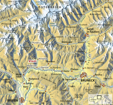 Karte mit Niedervintl, Weitental, Schaldern und Pfunders. Bruneck und Brixen. Im Norden der Hochfeiler in den Zillertaler Alpen