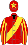 Red, yellow sash, striped sleeves and star on cap