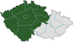 Bohemia (green) overlapped with the current regions of the Czech Republic