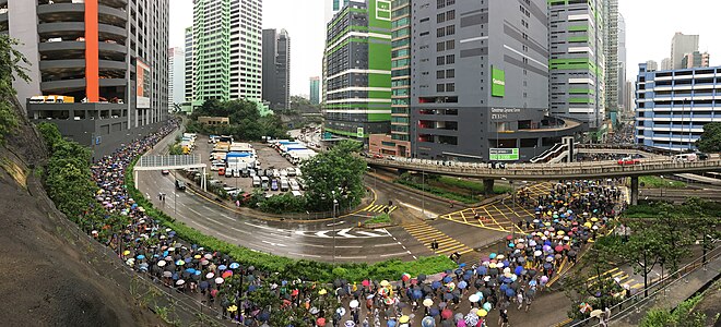 葵福路全貌，其中可見遊行人士已走出馬路，佔據葵福路部分行車線