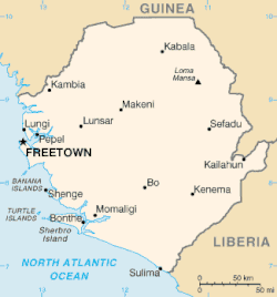 Map of Sierra Leone showing the capital Freetown