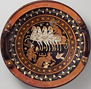 Terracotta lekanis (dish) depicting eos on chariot with horses eros a woman and a swan late 4th century metropolitan museum.jpg