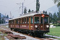 Triebwagen BCFeh 4/4 der Martigny-Châtelard-Bahn für 750 V Gleichspannung mit Tatzlager­antrieb statt hoch­gelagerten Motoren (1906)