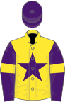 Yellow, purple star, purple sleeves, yellow armlets, purple cap