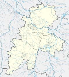 Mapa konturowa powiatu brzeskiego, na dole po lewej znajduje się punkt z opisem „Kościół św. Jerzego w Kobieli”