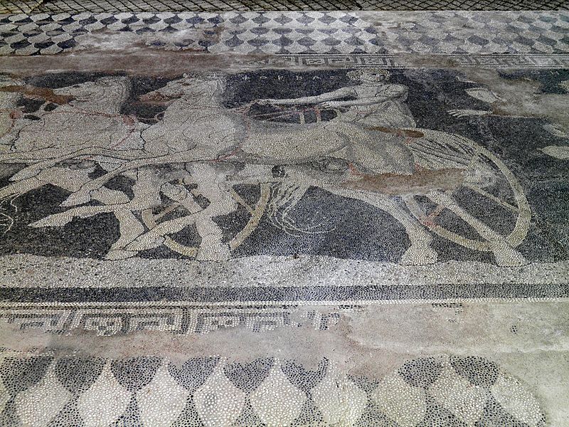 File:Central panel of the Abduction of Helen by Theseus Mosaic Floor, detail of the charioteer, from the House of the Abduction of Helen, (c. 300 BC), Ancient Pella (6913929706).jpg