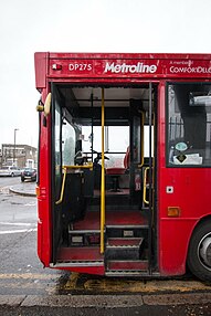 A single-decker bus with steps at the front