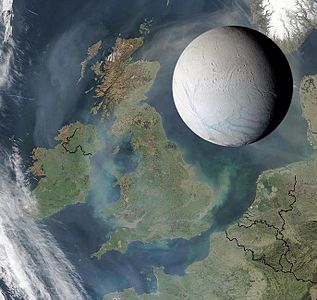 A size comparison of Enceladus against the British Isles