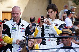 Jordan Taylor (rechts) met teamgenoot Jan Magnussen tijdens de 24 uur van Le Mans in 2014.