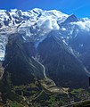 Vue du glacier de Taconnaz depuis le Brévent au nord avec les paravalanches au-dessus des habitations.