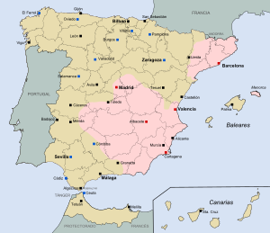 Carte de l'Espagne en mai 1938, à la fin de l'offensive d'Aragon. En rose : zone républicaine. En vert : zone nationaliste.