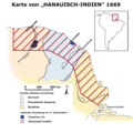 Karte von Hanauisch Indien 1669, erstellt nach Angaben bei F. Hahnzog (1959).