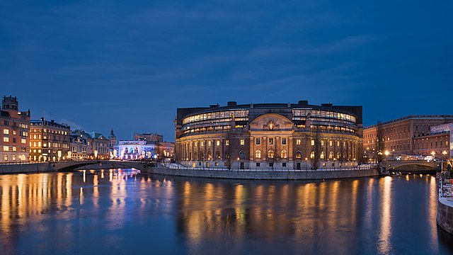 Riksdagshuset (Parliament House) in Stockholm, with the Kungliga Operan (Royal Swedish Opera) in the background.