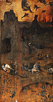 Hell label QS:Lit,"Inferno" label QS:Lfr,"Enfer" label QS:Len,"Hell" label QS:Lde,"Hölle" label QS:Lnl,"Hel" . circa 1514-1516. oil on panel medium QS:P186,Q296955;P186,Q106857709,P518,Q861259 . 69 × 39 cm (27.1 × 15.3 in). Rotterdam, Museum Boijmans Van Beuningen.