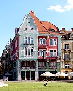 Brück House in Timișoara, today in Romania (1911). Along with Oradea, Timișoara is part of the Art Nouveau European Route[91]