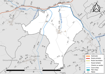 Carte en couleur présentant le réseau hydrographique de la commune