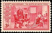 3¢ stamp issued in 1952 to commemorate Betsy Ross' 200th birthday.[73]