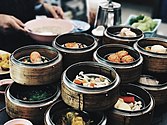 An assortment of items in a Dim Sum breakfast meal