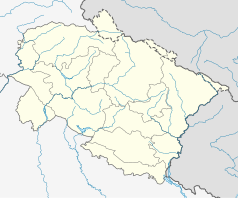 Mapa konturowa Uttarakhandu, po lewej znajduje się punkt z opisem „Dehradun”