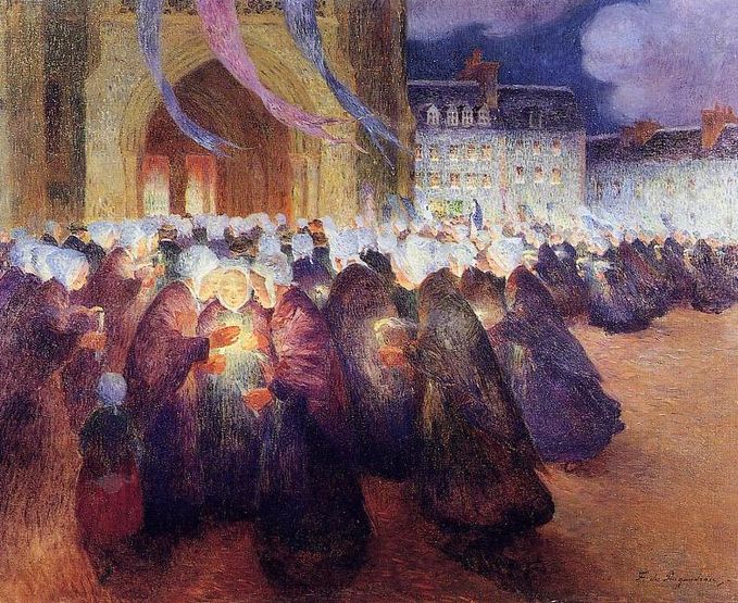 Painting of a nighttime procession at Saint-Paul de Leon