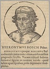 After Cornelis Cort (?). Portrait of Hieronymus Bosch . circa 1611 date QS:P,+1611-00-00T00:00:00Z/9,P1480,Q5727902 . woodcut print. From P. Opmeer and L. Beyerlinck (1611) Opus chronographicum orbis universi a mundi exordio usque ad ann. 1611. [....] [vol. 2], Antwerpen: s.n.