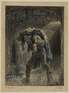 Jean Valjean porte Marius blessé à travers l'intestin du Léviathan. Dessin d'Alphonse de Neuville.