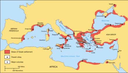 Map of Greek coastal settlements throughout the Mediterranean and Black Sea