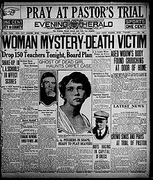 Old newspaper featuring headlinese like "WOMAN MYSTERY-DEATH VICTIM" and "Drop 150 Teachers Tonight, Board Plan".