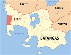 Mapa de Batangas con Lian resaltado