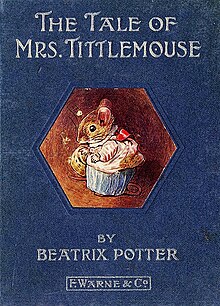 A book cover depicting in its center a mouse in a gown in profile. At the top of the cover the title reads The Tale of Mrs. Tittlemouse and beneath the image of the mouse are found the author and publisher credits.