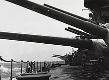 Partial view of Fusō's aft armaments at sea