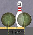 ◣OW◢ 22:18, 16 May 2022 — 20220516 Bowling balls and pin - margin for error to convert 10-pin spare (JPG)