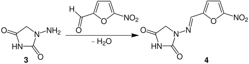 Synthese von Nitrofurantoin aus Hydantoin und 5-Nitro-2-carbaldehyd.