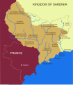 Mappa che evidenzia i territori della contea di Nizza ceduti alla Francia nel 1860, a seguito dell'alleanza franco-sardo-piemontese del 1859 nella seconda guerra d'indipendenza italiana.