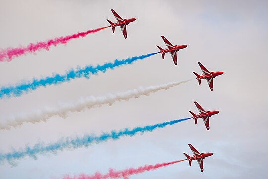 Red Arrows in formation flight at the Royal International Air Tattoo 2023.