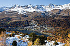    View of St. Moritz and its lake from Muottas da Schlarigna, Grisons, Switzerland.