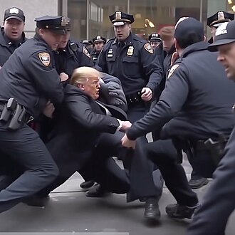 Journalist Eliot Higgins' Midjourney-generated image depicts former President Donald Trump getting arrested. The image was posted on Twitter and went viral.[109]