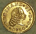 Anverso de moneda de 1/2 escudo (oro) de Fernando VI con "ceca" de Madrid del año 1750.