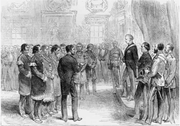 Grand Chief Jacques-Pierre Peminuit Paul (3rd from left with beard) meets Governor General of Canada, Marquess of Lorne, Red Chamber, Province House, Halifax, Nova Scotia, 1879.[107]