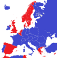 Carte des régimes politiques en 1950 en Europe. Républiques en bleu, monarchies en rouge.