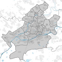 Mapa konturowa Frankfurtu nad Menem, u góry nieco na prawo znajduje się punkt z opisem „Nieder-ErlenbachOrtsbezirk Nieder-Erlenbach”