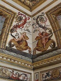 Baroque rinceaux with putti painted on the boiserie of a room from the Hôtel Colbert de Villacerf, now in the Musée Carnavalet, Paris, unknown architect, sculptor and painter, c.1650[186]